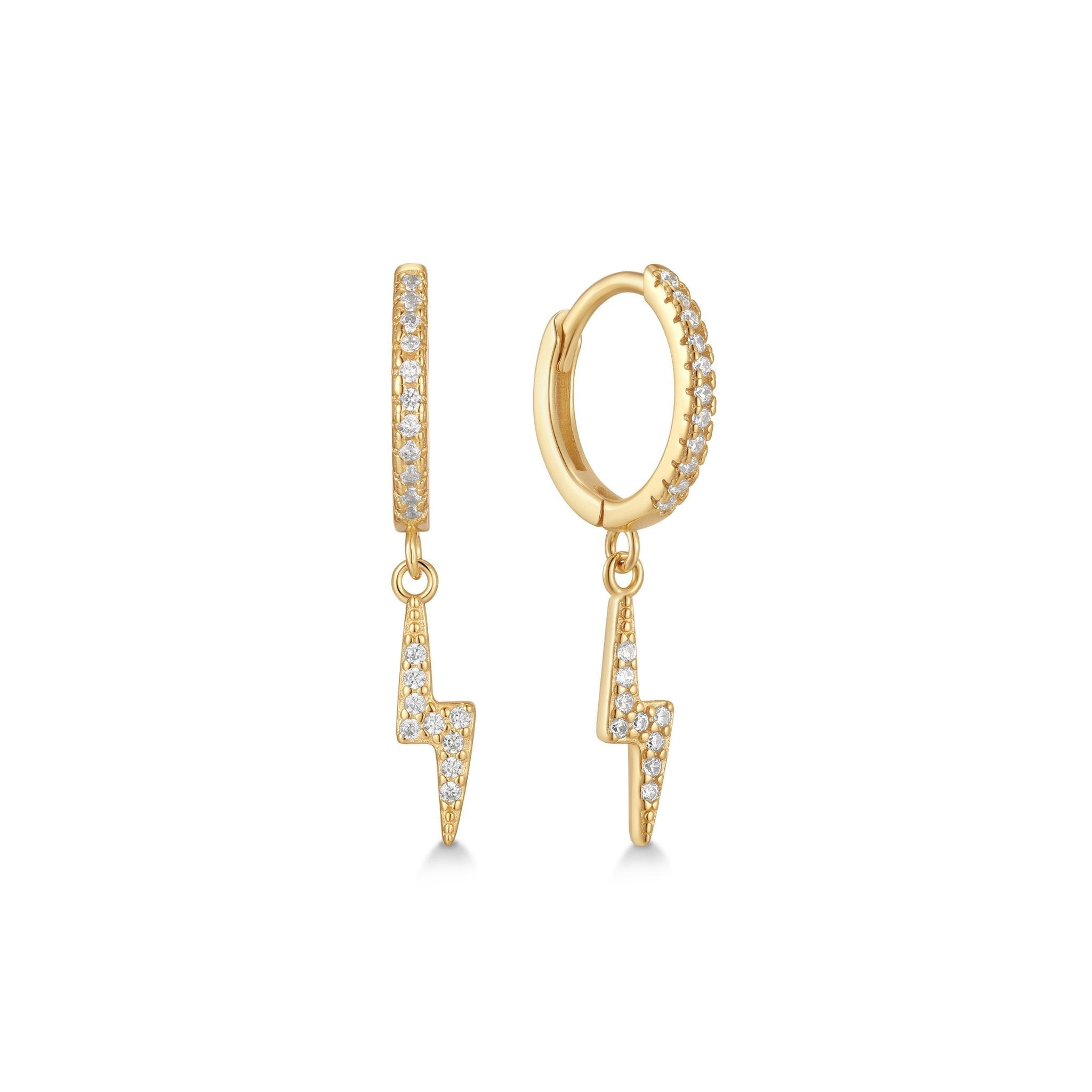 Gold hoop earrings with lightning bolt charms on a white background