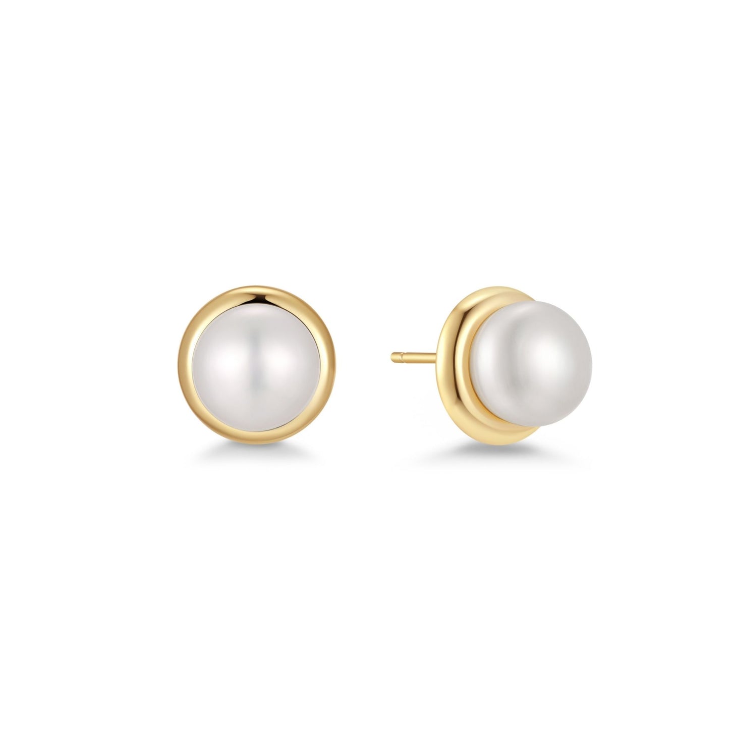 Gold earrings with white pearls on a white background