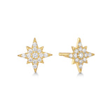 Gold star-shaped earrings with clear cubic zirconia on a white background

