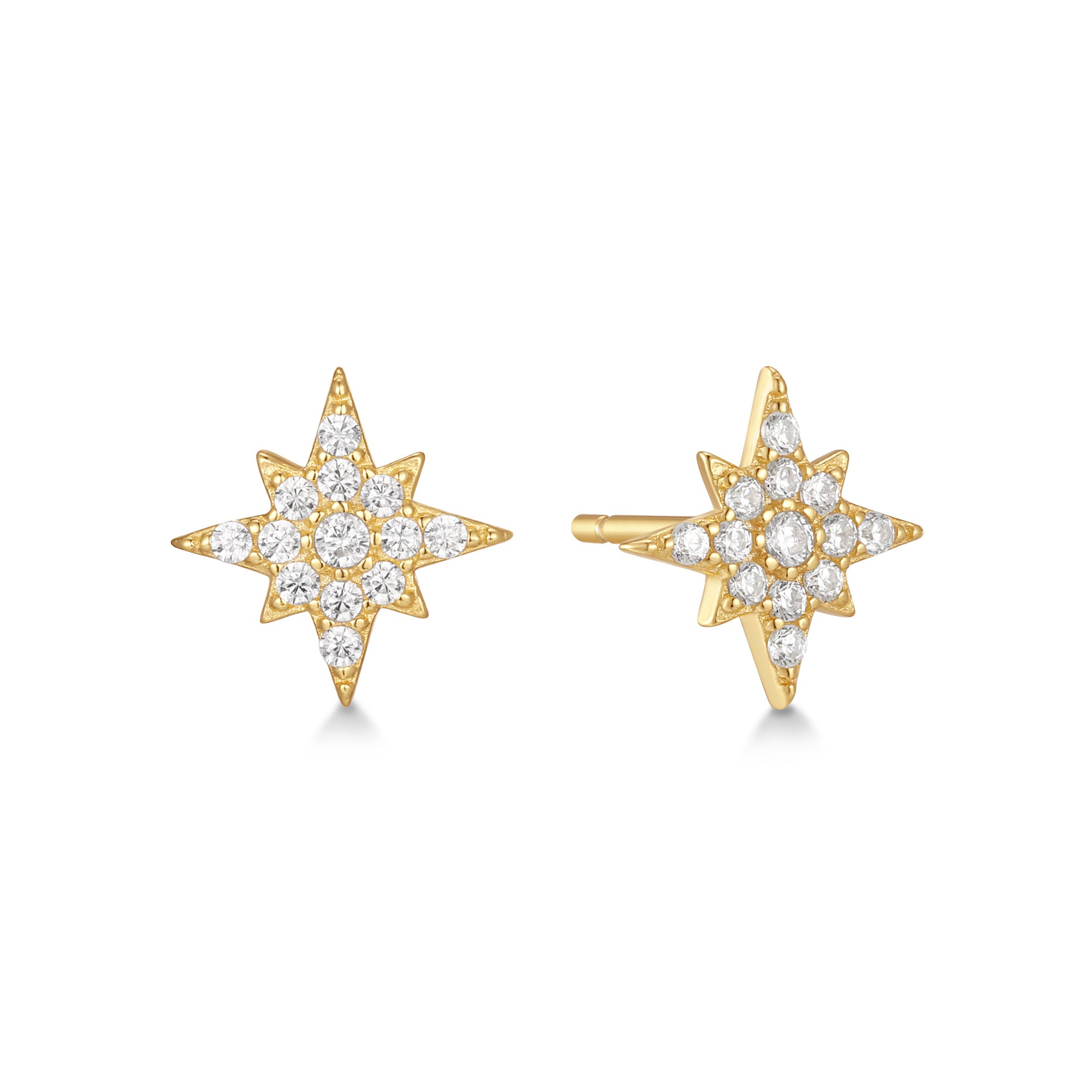 Gold star-shaped earrings with clear cubic zirconia on a white background

