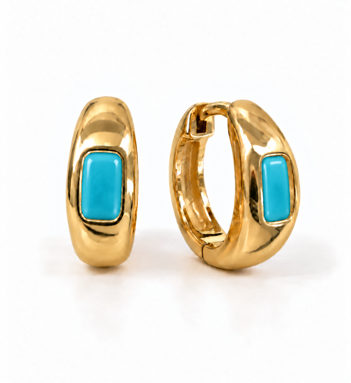 A pair of gold huggie hoop earrings with rectangular pink gemstones, shown from front and side angles 