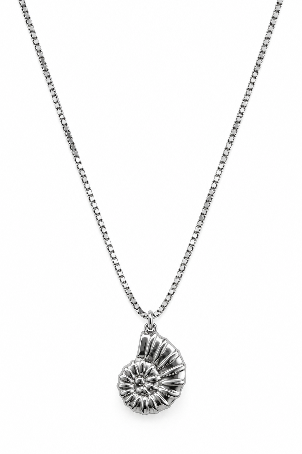 A silver chain necklace with a detailed spiral shell pendant.
