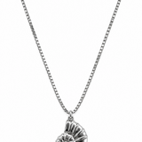 A silver chain necklace with a detailed spiral shell pendant.