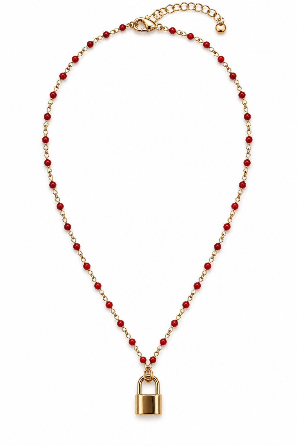 A gold chain necklace featuring small coral beads and a gold padlock pendant.