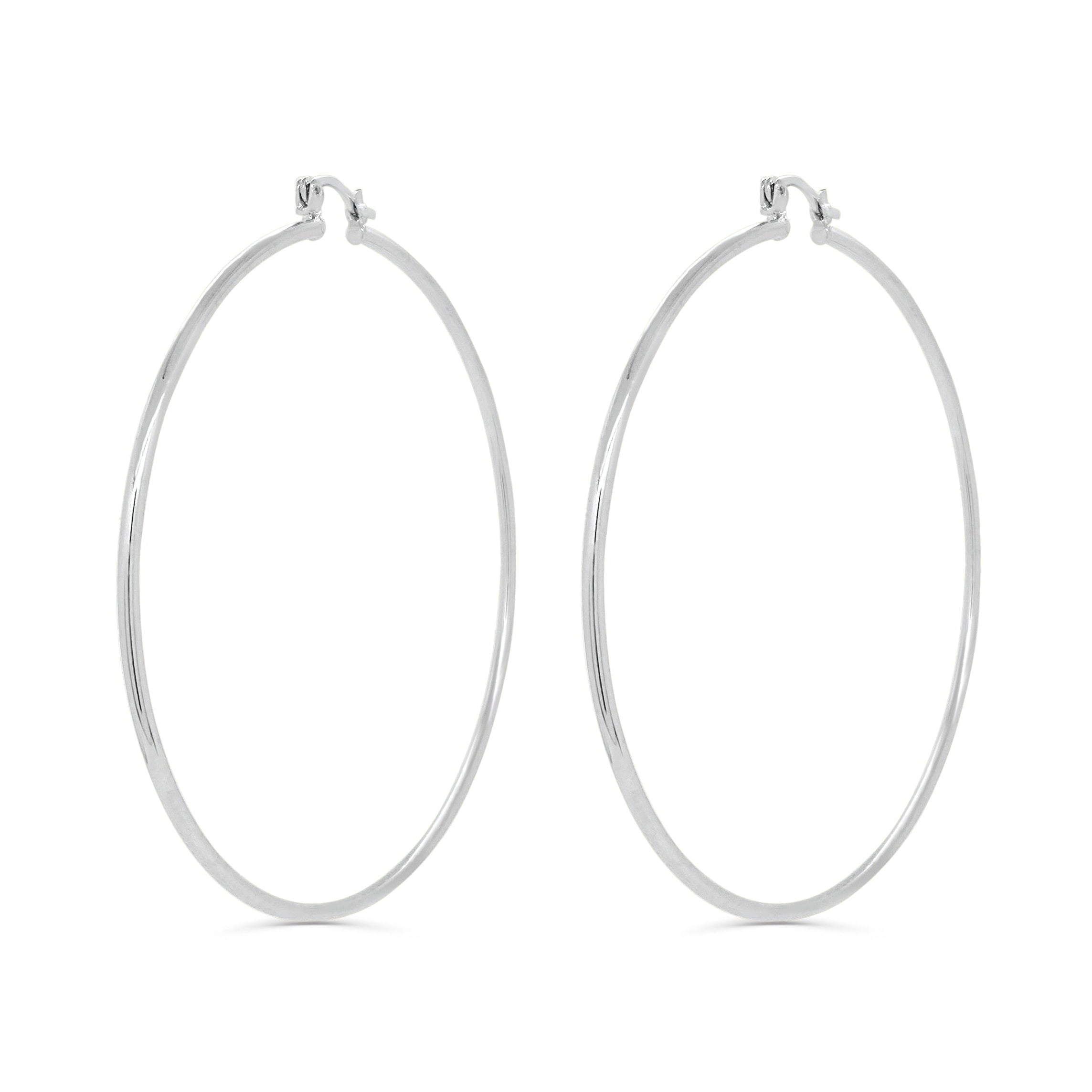 Pair of silver hoop earrings on a white background