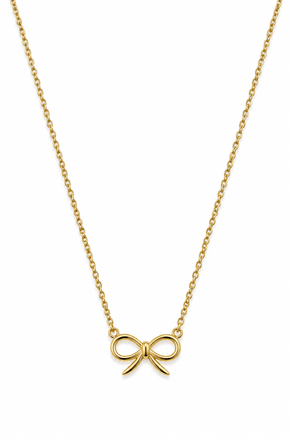 A delicate gold chain necklace featuring a small bow-shaped pendant.