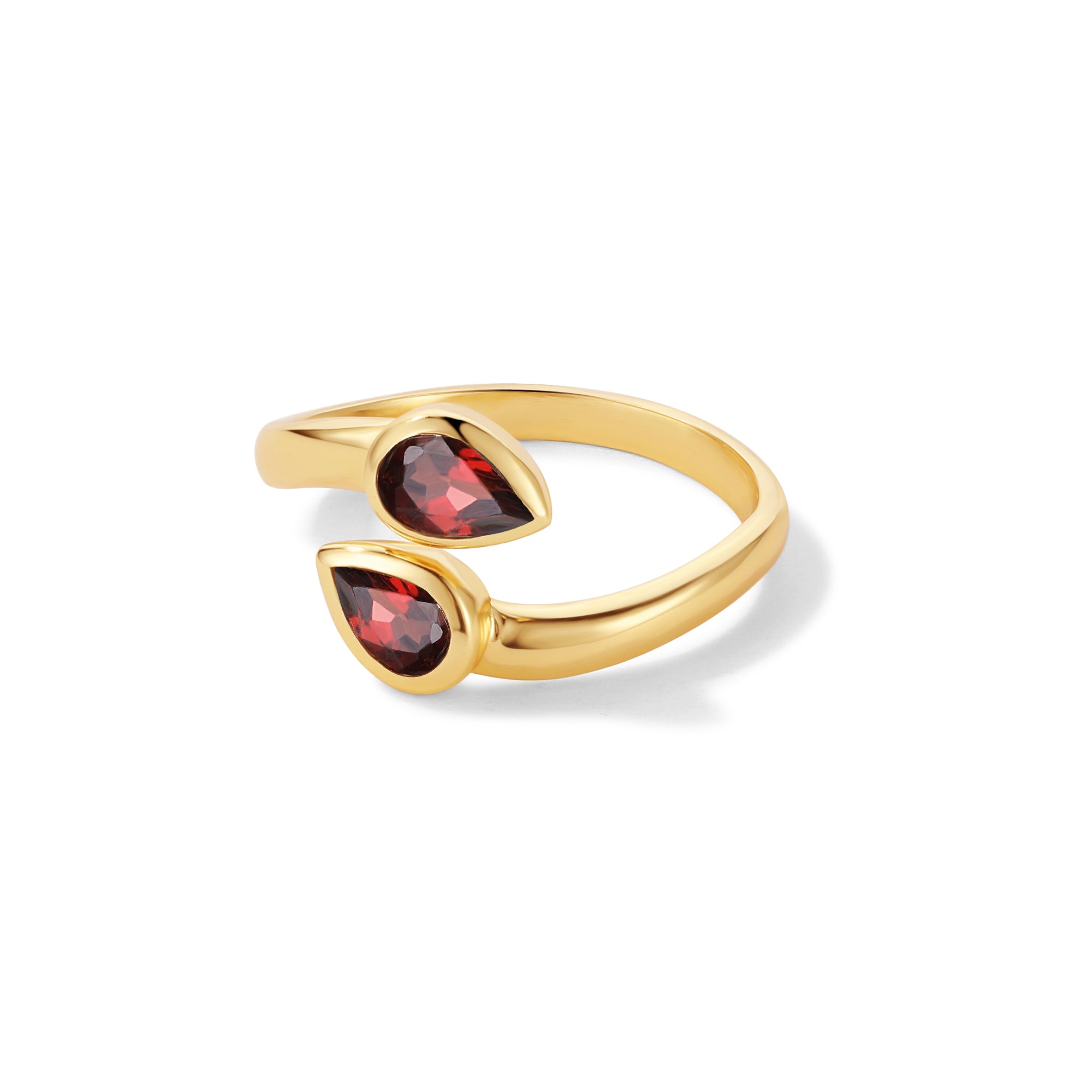 Open gold-plated ring with two pear-cut garnet stones in a teardrop bezel setting – Rare Like Her collection