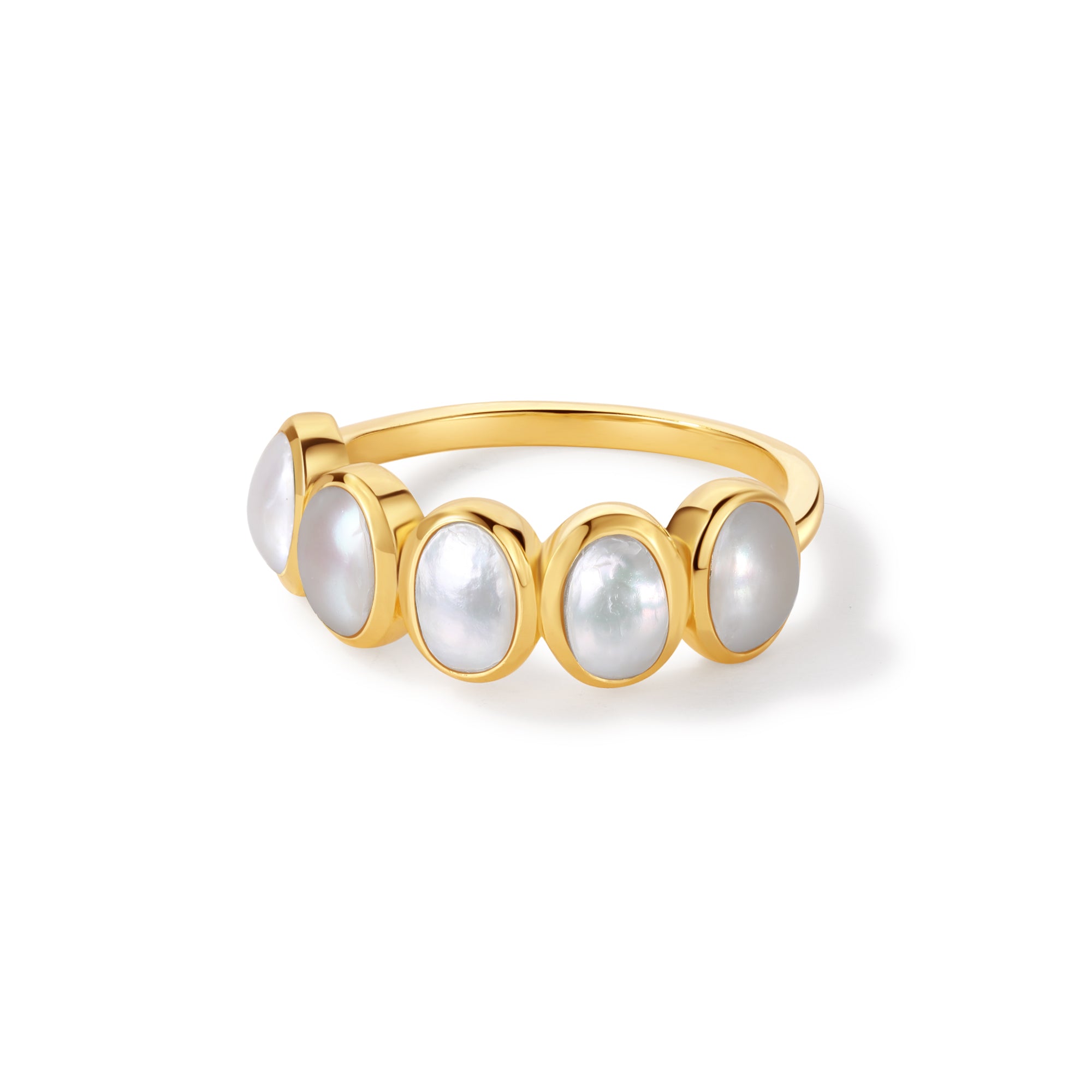 high quality gold plated ring with five oval pearls from the rare like he collection

