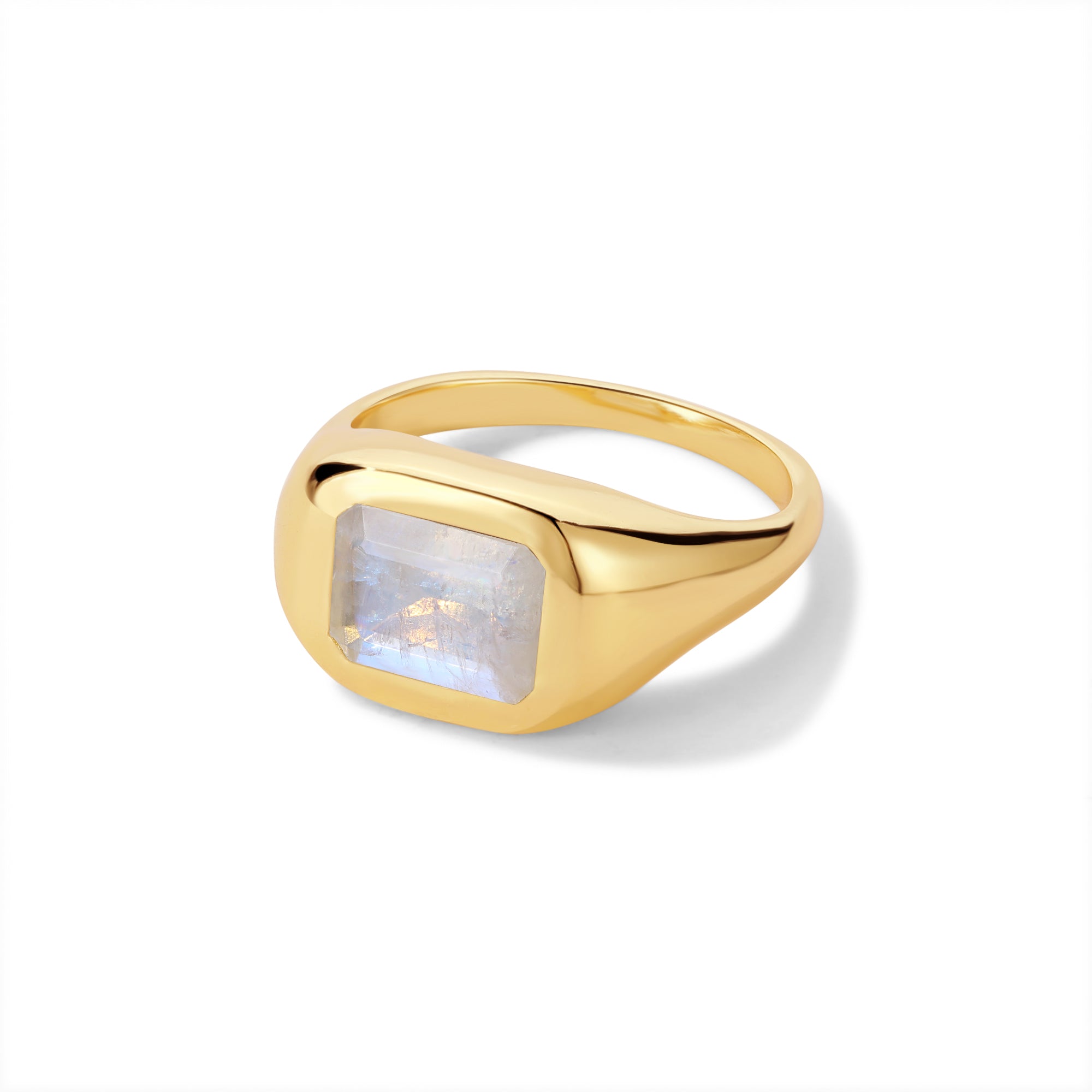 Square moonstone set in gold-plated signet ring with a smooth, polished band – Rare Like Her collection