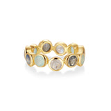 Gold-plated eternity ring with a mix of round bezel-set gemstones in labradorite, moonstone, and chalcedony - Rare Like Her collection