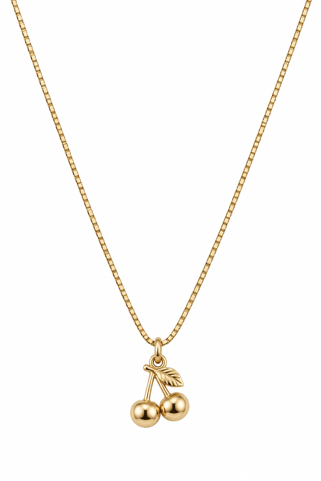 A gold box chain necklace featuring a small pendant shaped like a cherry with a leaf.