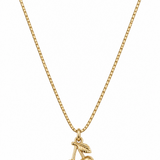 A gold box chain necklace featuring a small pendant shaped like a cherry with a leaf.