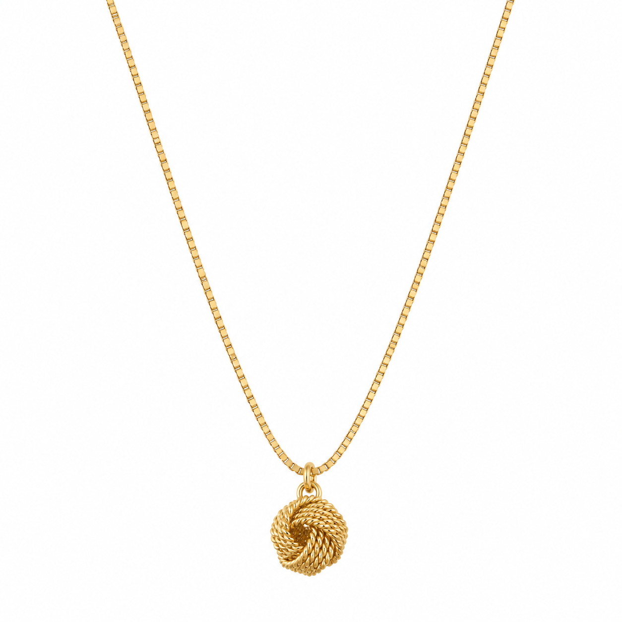 A gold-toned necklace with a knot pendant featuring a interlacement string