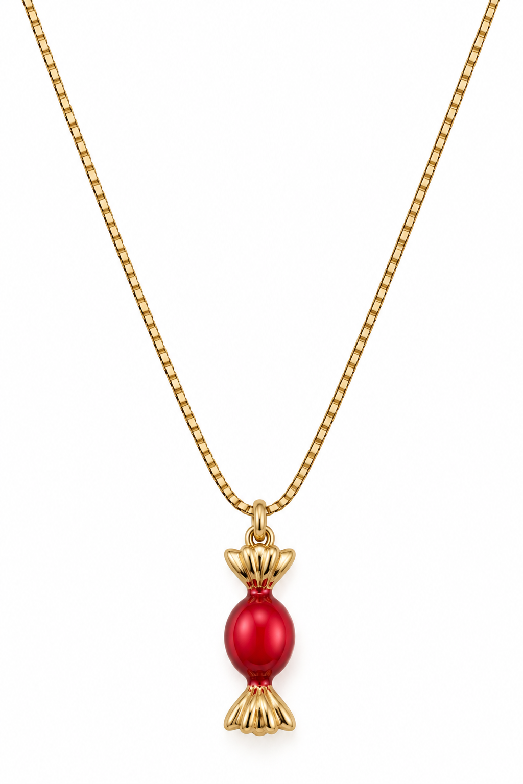 A gold chain necklace featuring a pendant shaped like a wrapped candy, with a glossy red center bead