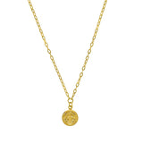 18k Gold-filled necklace with a round  san benito pendant on a white background
