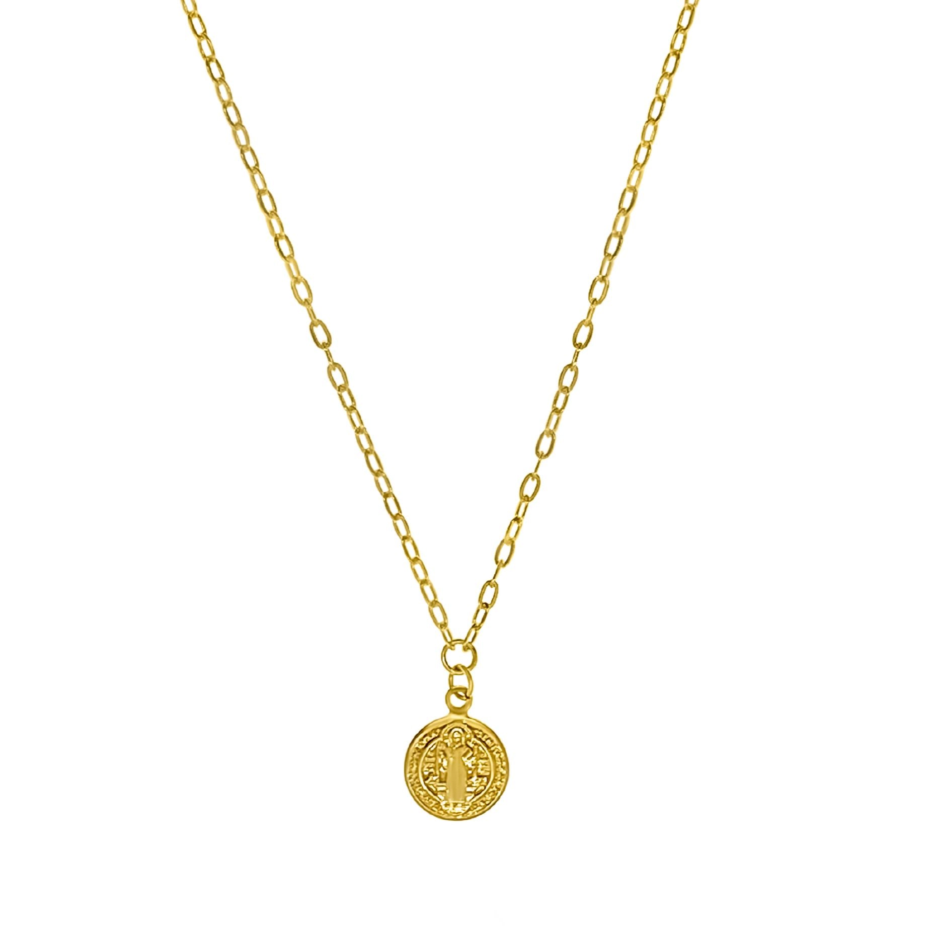 18k Gold-filled necklace with a round  san benito pendant on a white background