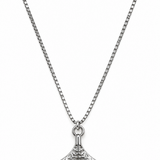 A silver chain necklace with a textured mermaid tail fin pendant.