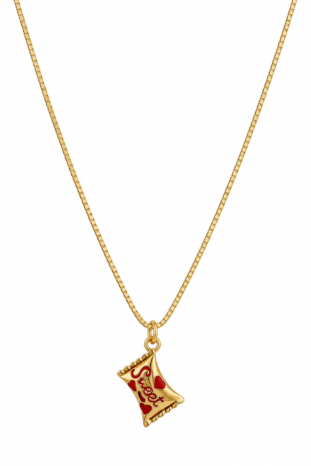 A gold-tone box chain necklace featuring a package of sweet candy 