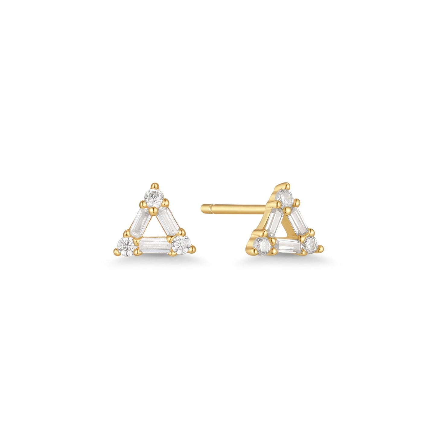 Gold triangle-shaped earrings on a white background