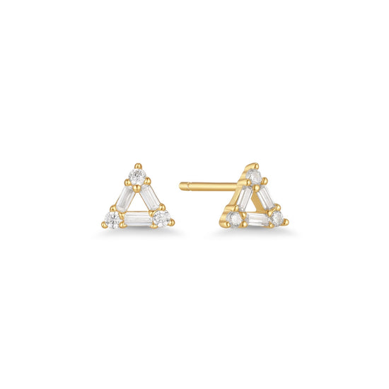 Gold triangle-shaped earrings on a white background