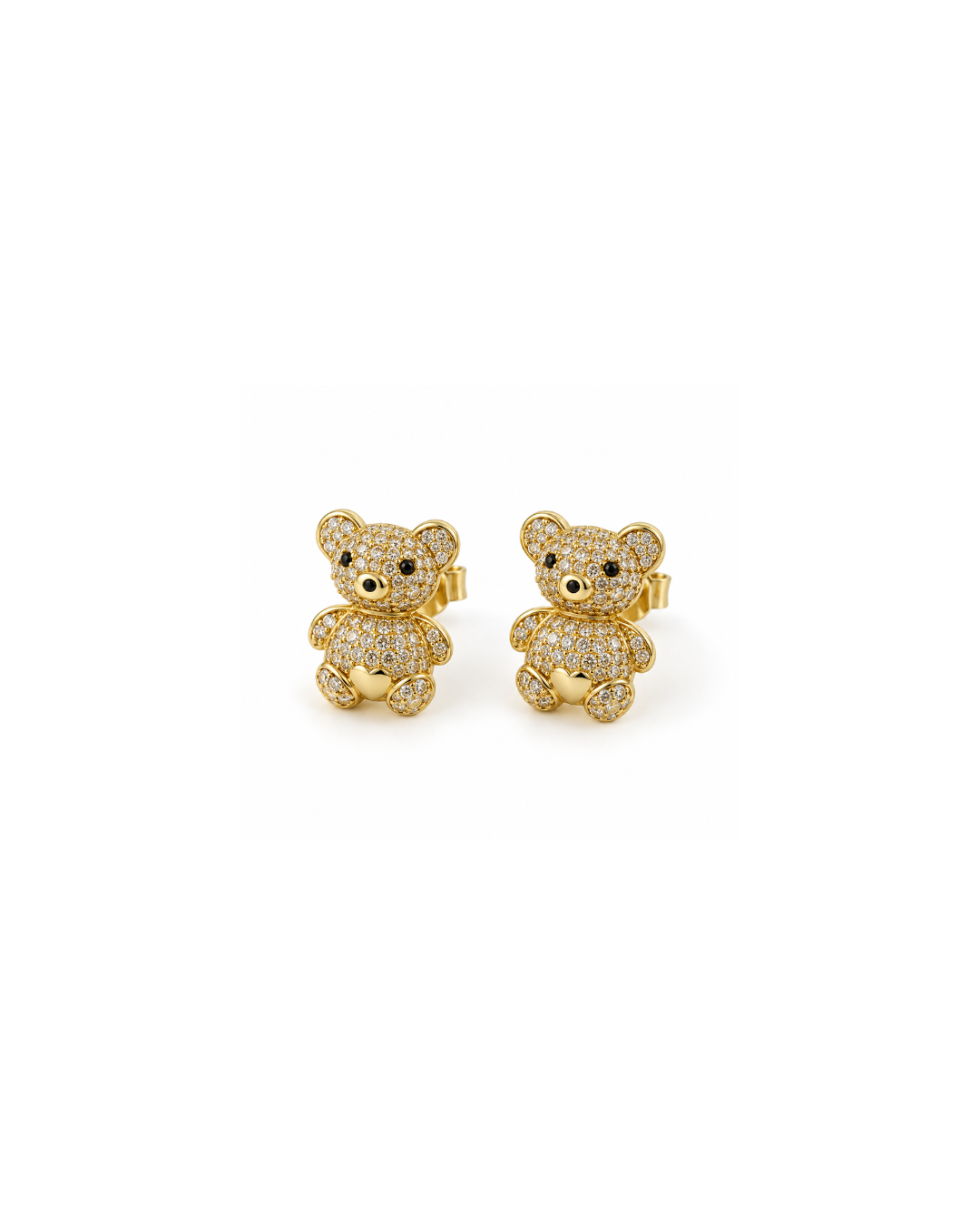 A pair of gold teddy bear stud earrings paved with small clear stones.