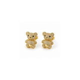 A pair of gold teddy bear stud earrings paved with small clear stones.