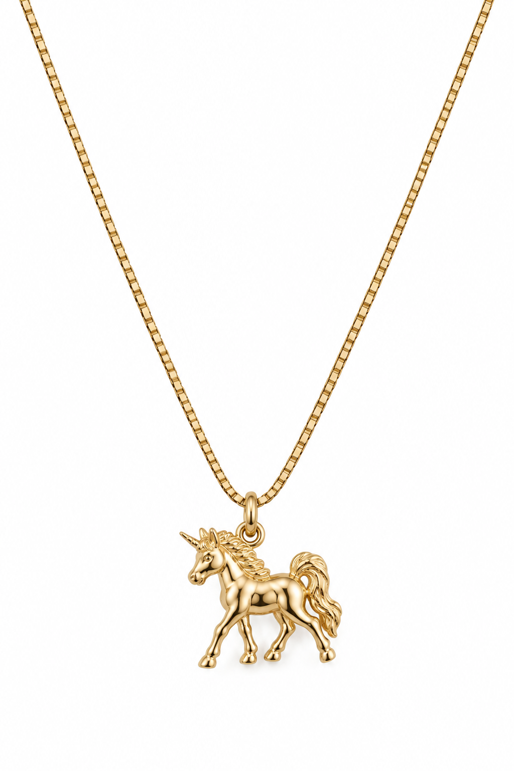 A gold unicorn pendant necklace on a gold chain.