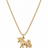 A gold unicorn pendant necklace on a gold chain.