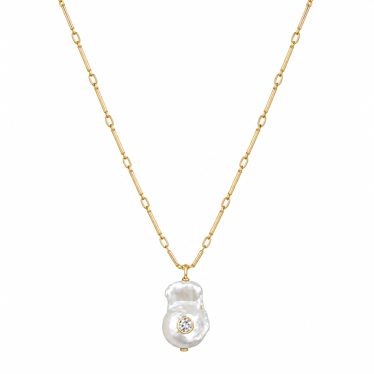 gold chain necklace with baroque pearl pendant with clear cz in the middle