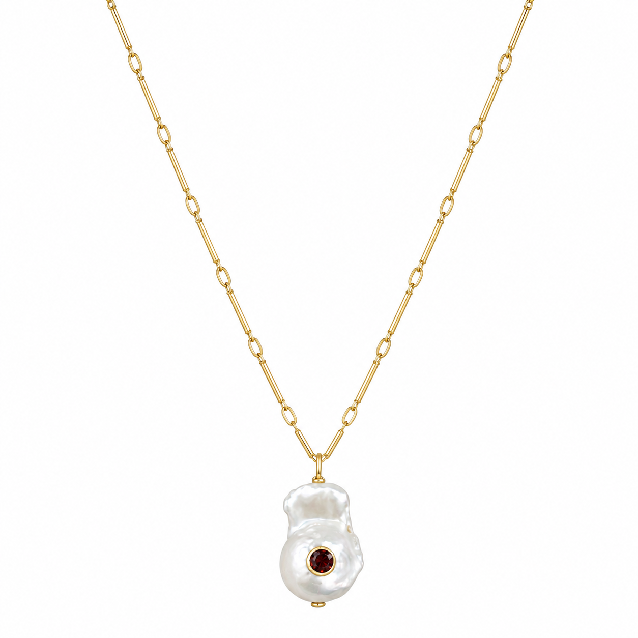 gold chain necklace with baroque pearl pendant with garnet cz in the middle
