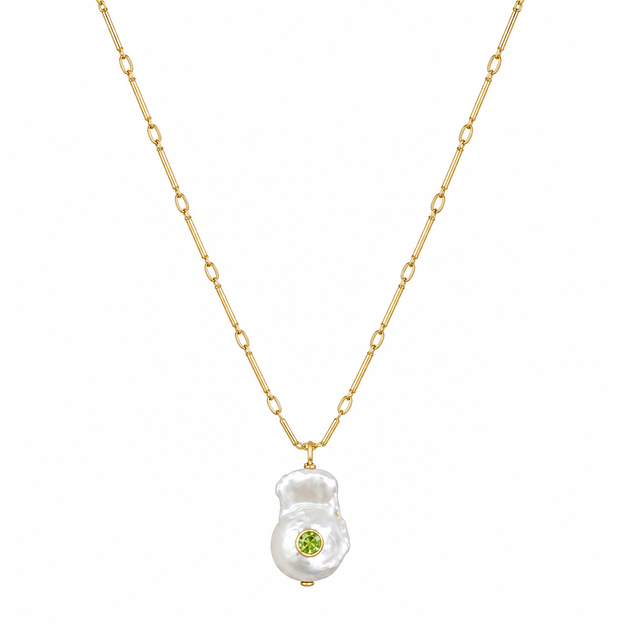 gold chain necklace with baroque pearl pendant with peridot cz in the middle