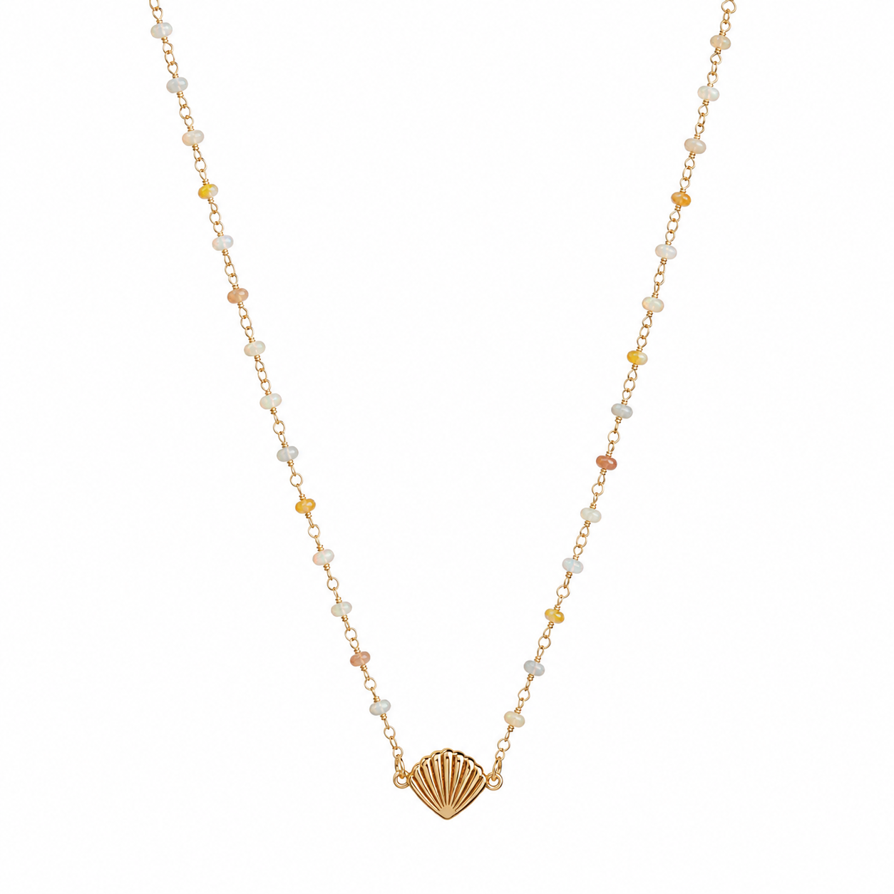 ethiopian opal beads necklace with gold seashell pendant