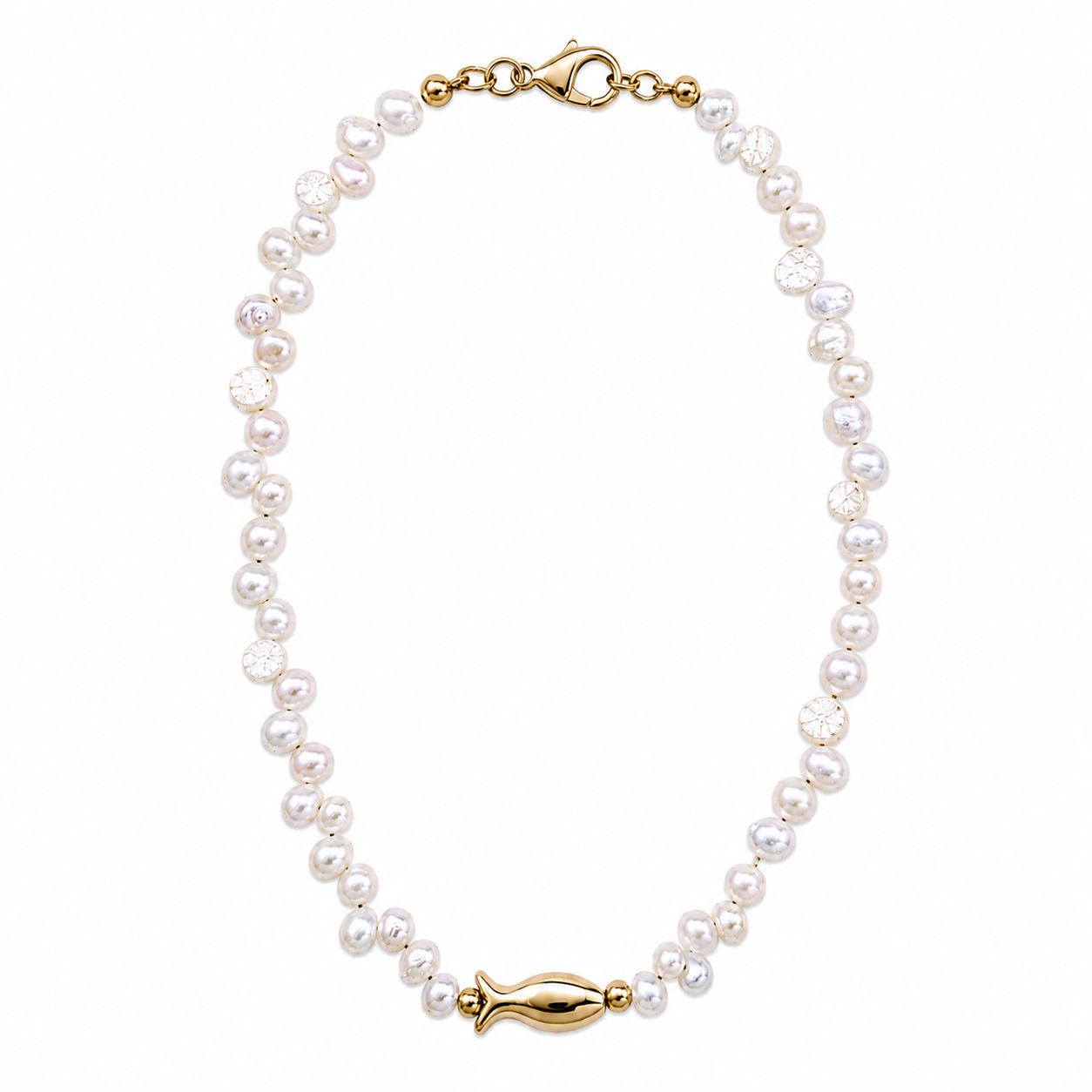 pearl necklace with gold fish pendant