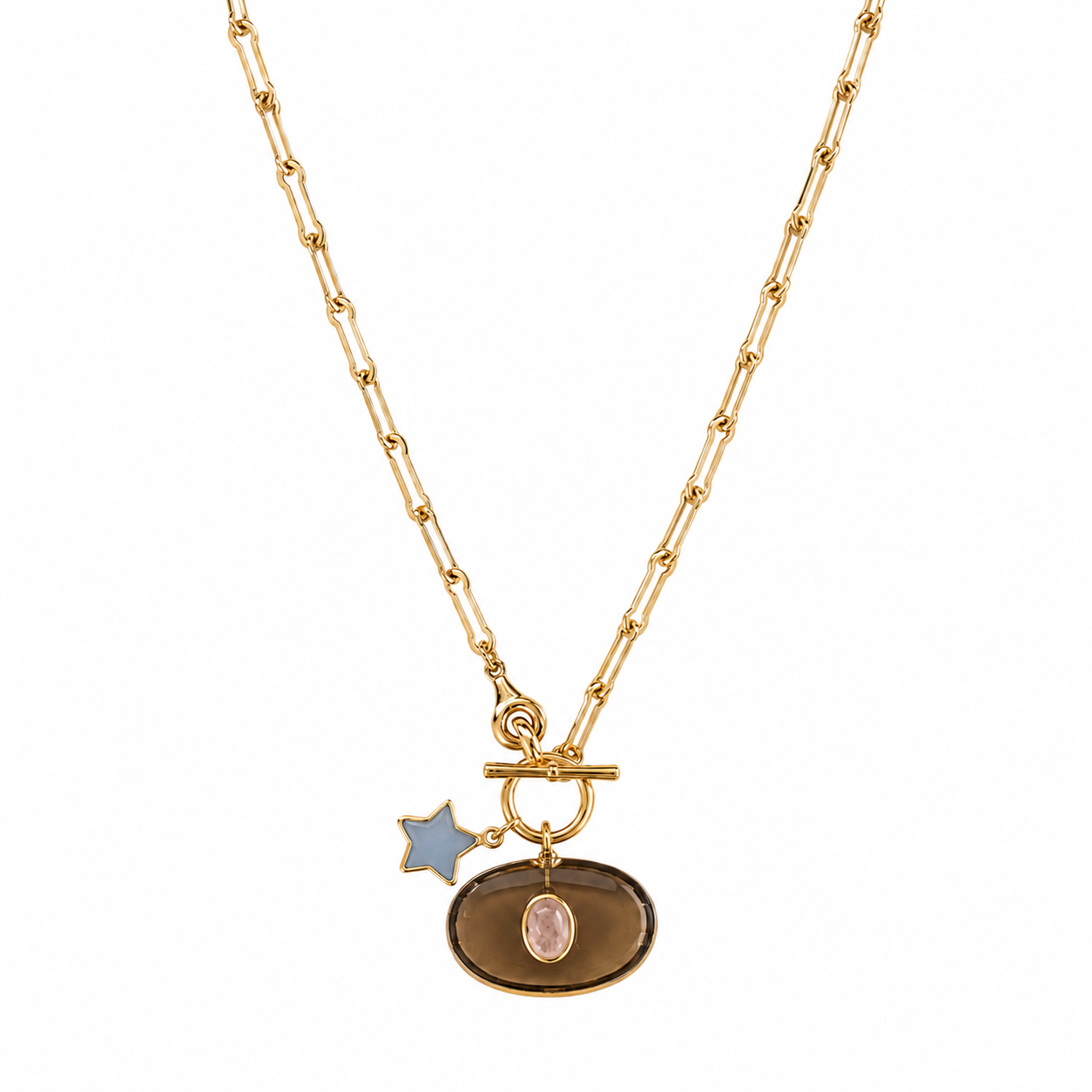 links chain with toggle clasp and a oval labradorite stone pendant with a rose quartz stone in the middle and a blue chalcedony star shaped stone pendant