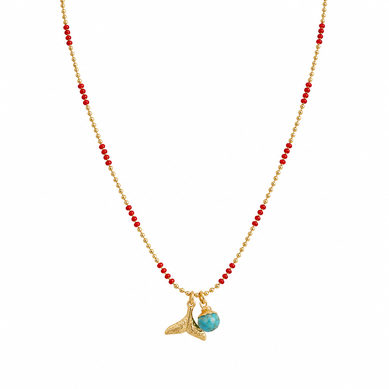 gold and red enamel necklace chain with a gold tail pendant and turquoise stone pendant