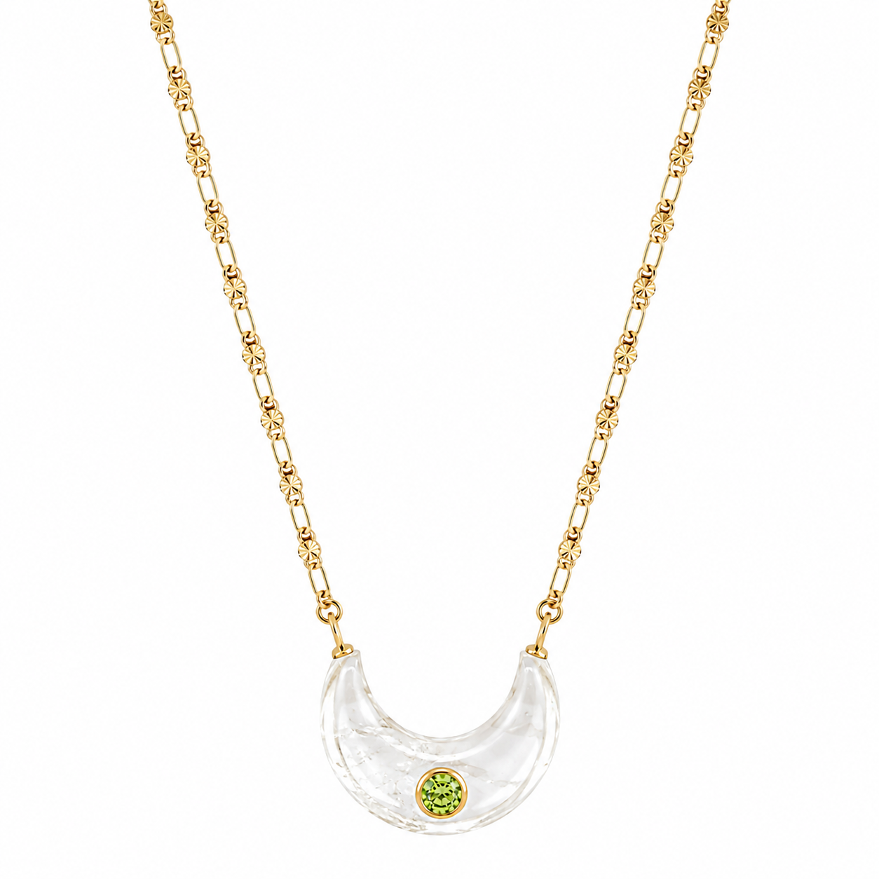 gold textured necklace with moon shaped clear quartz stone with round peridot cz in the middle