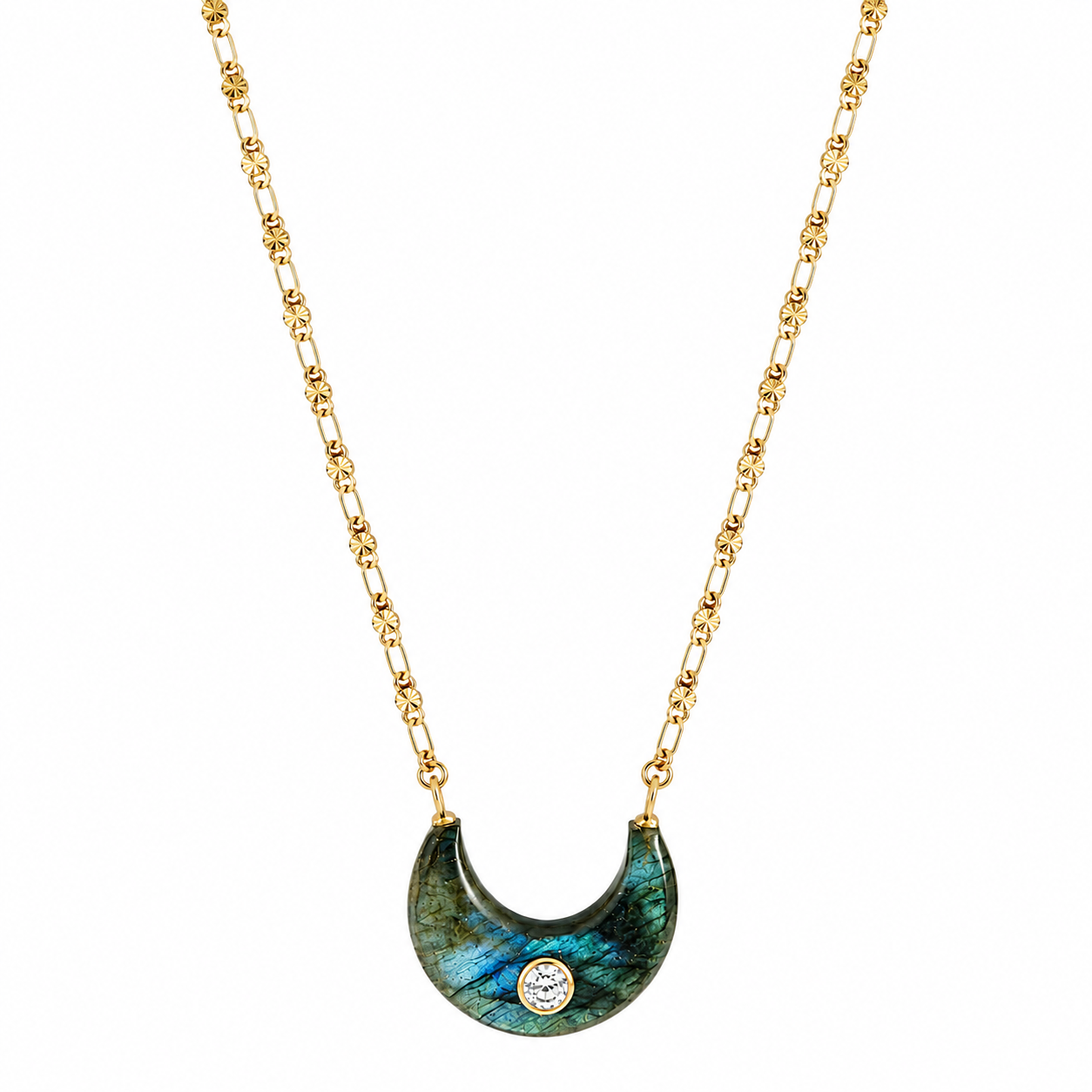gold textured necklace with moon shaped labradorite stone with round clear cz in the middle