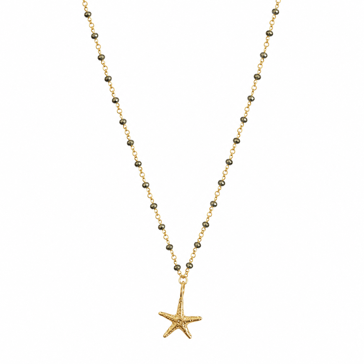 pyrite beads necklace with gold starfish pendant