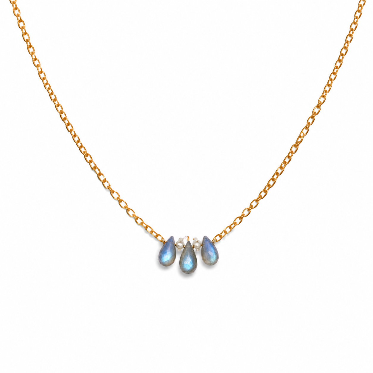 Gold necklace with three labradorite teardrop-shaped gemstones 