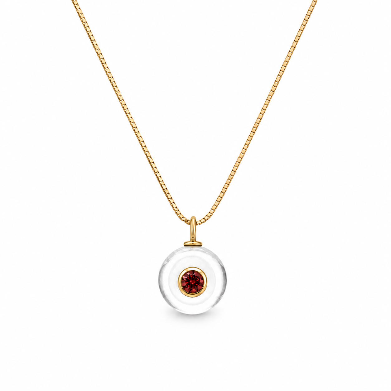adjustable gold chain necklace with circular clear stone with garnet cz in the middle