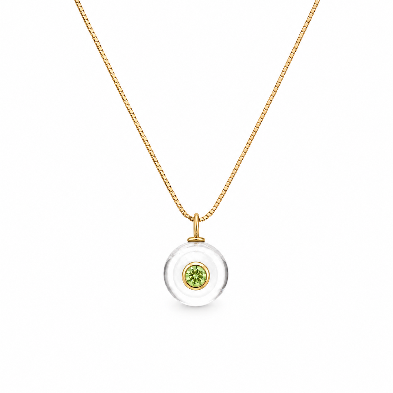 adjustable gold chain necklace with circular clear stone with peridot cz in the middle
