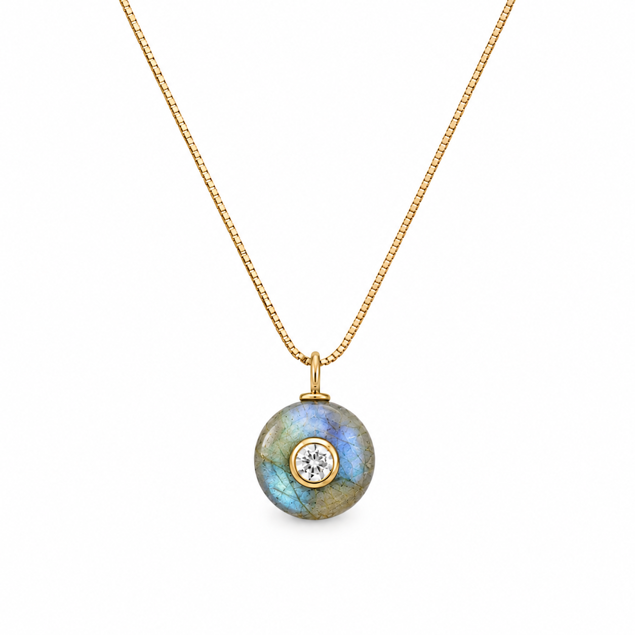 adjustable gold chain necklace with circular labradorite stone with clear cz in the middle
