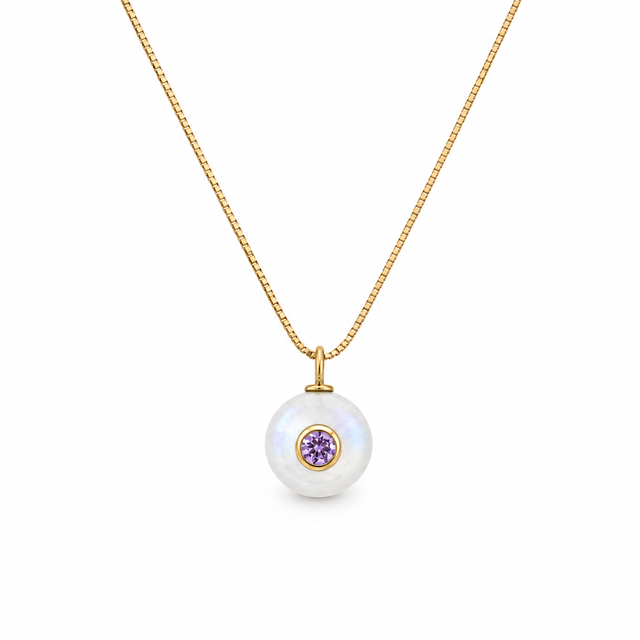 adjustable gold chain necklace with circular moonstone with amethyst cz in the middle