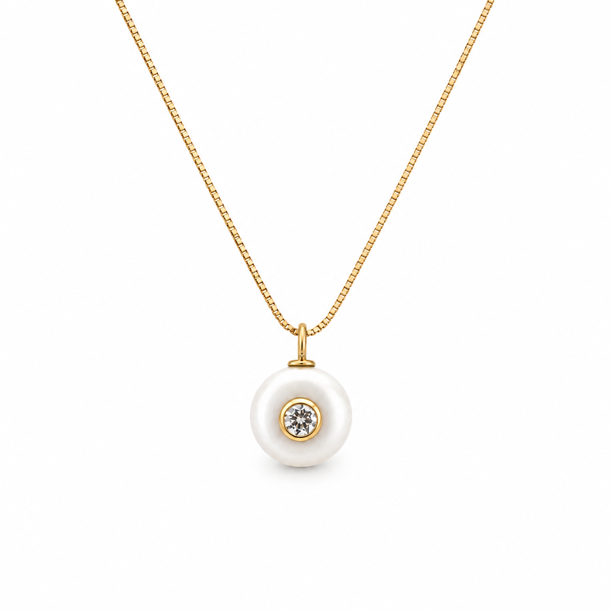adjustable gold chain necklace with circular pearl stone with clear cz in the middle