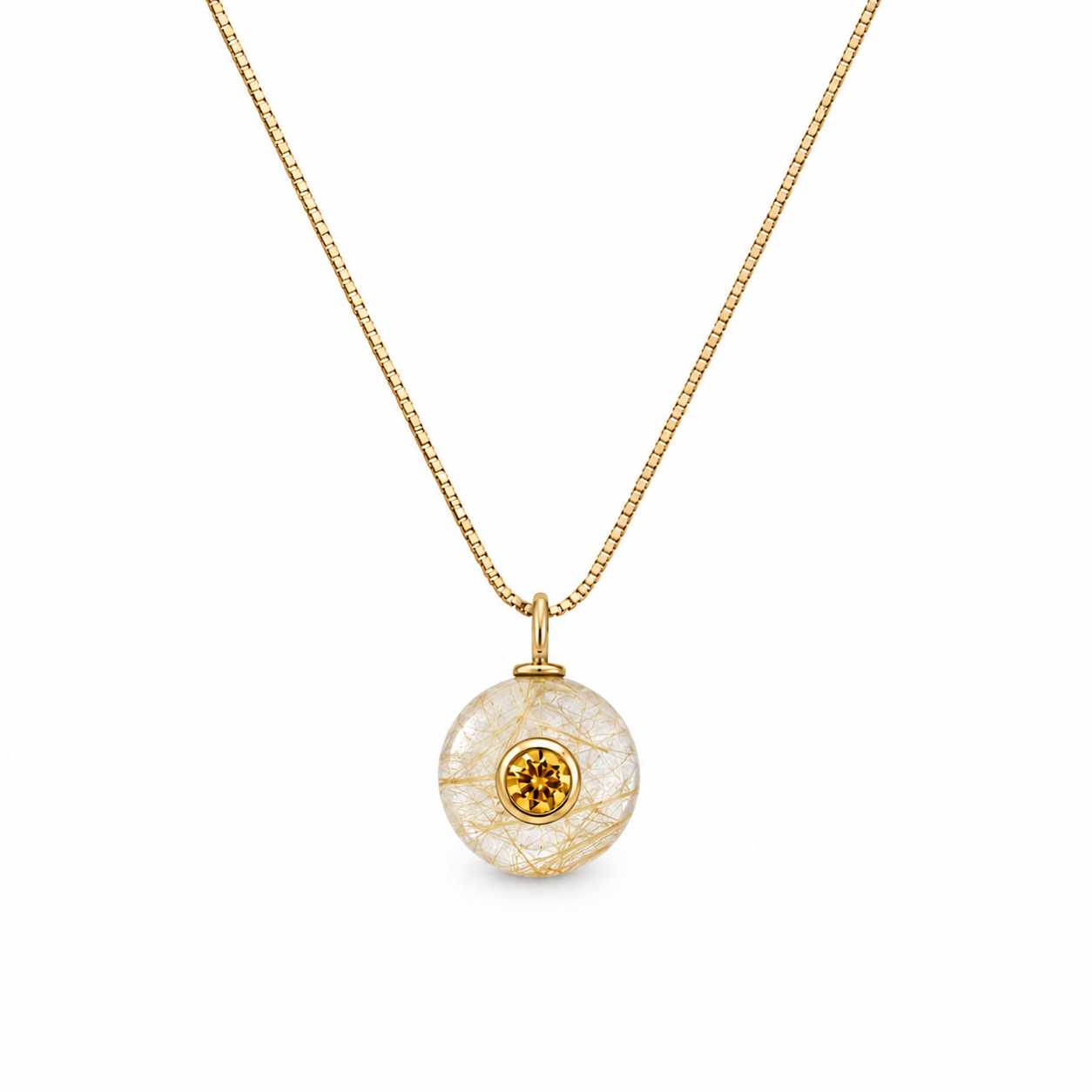 adjustable gold chain necklace with circular rutilated quartz stone with citrine cz in the middle