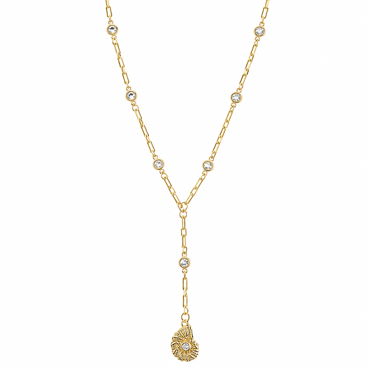 gold lariant with cz stones and a gold seashell pendant with cz stone in the middle