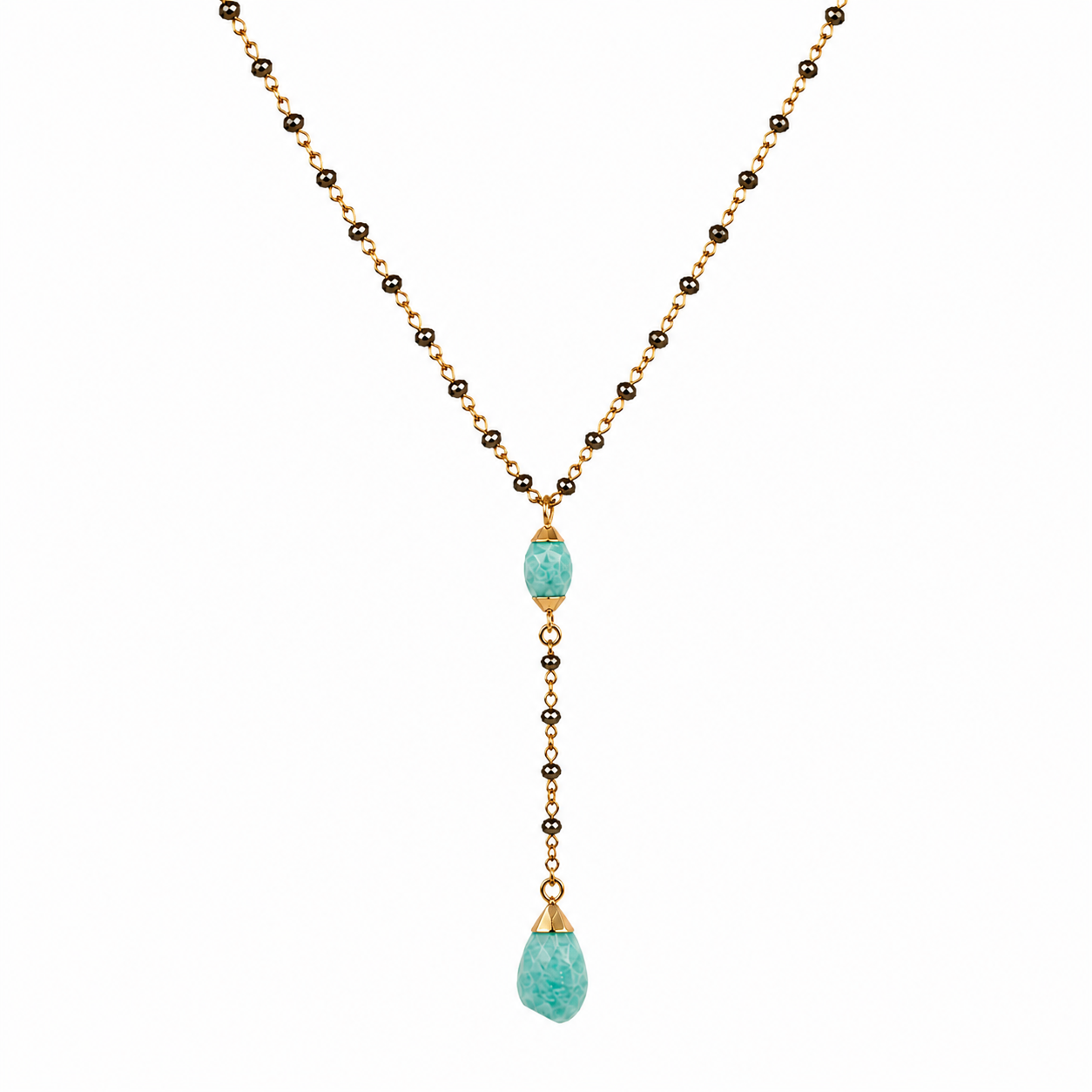 pyrite beads lariat necklace with two amazonite stone pendants