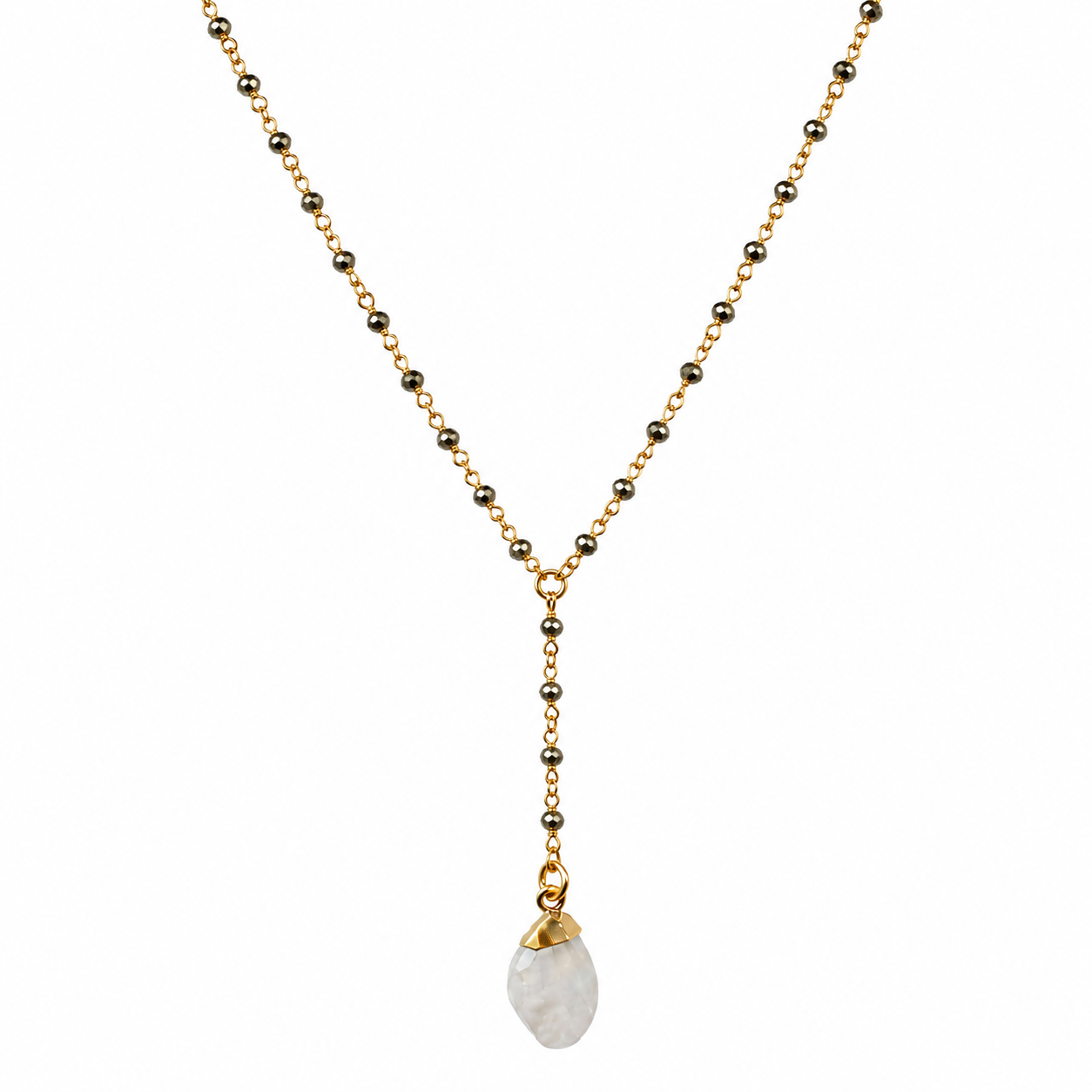 pyrite beads lariat necklace with moonstone pendant