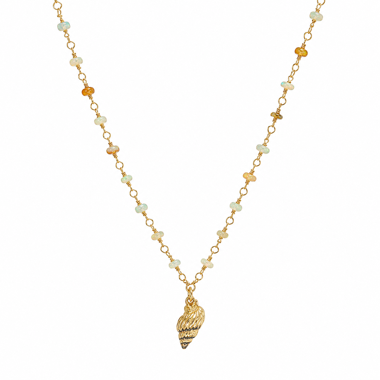 ethiopian opalbeads necklace with gold conch shell pendant