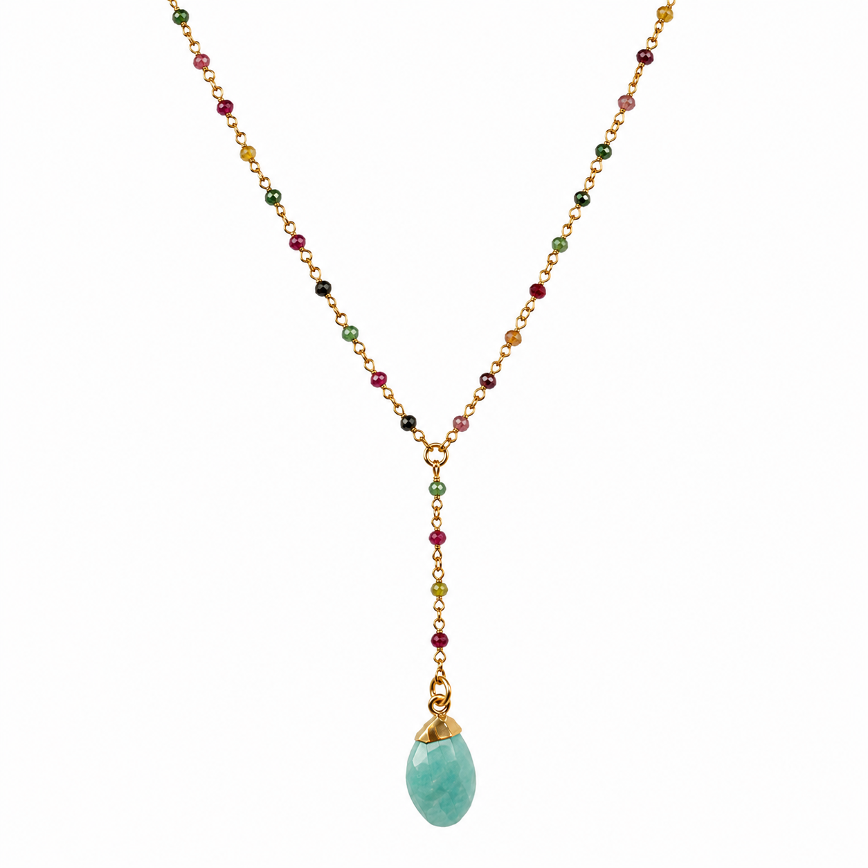 multi tourmaline beads lariat necklace with amazonite stone pendant